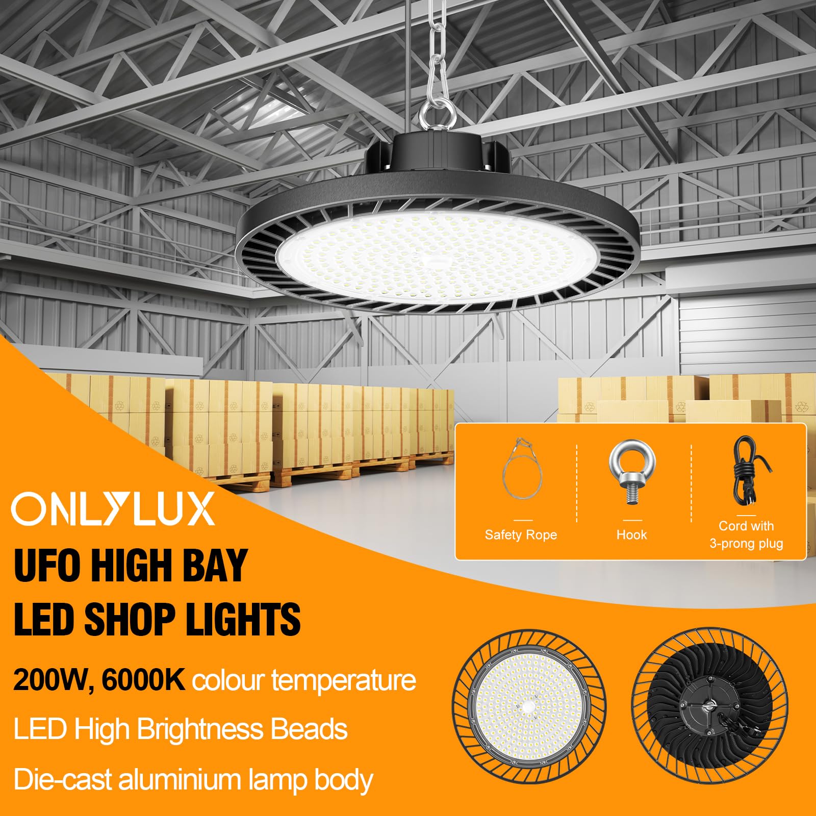 Onlylux 8 Pack Led High Bay Lights 200W, 30000Lm 6500K Ufo High Bay Led Shop Lights Ac100-277V With Plug Industrial Warehouse Wo